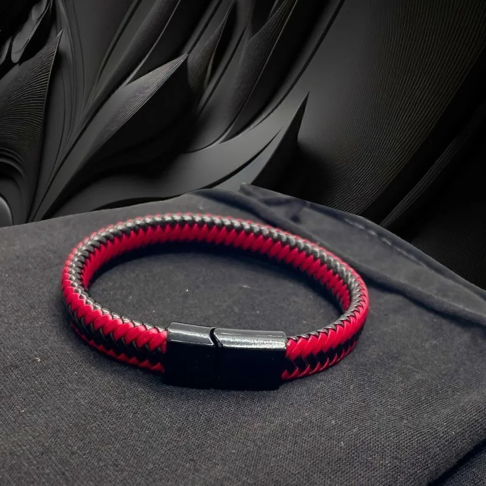 Men’s Braided Leather Bracelet l Magnetic Closure l Red/Black & Black l New